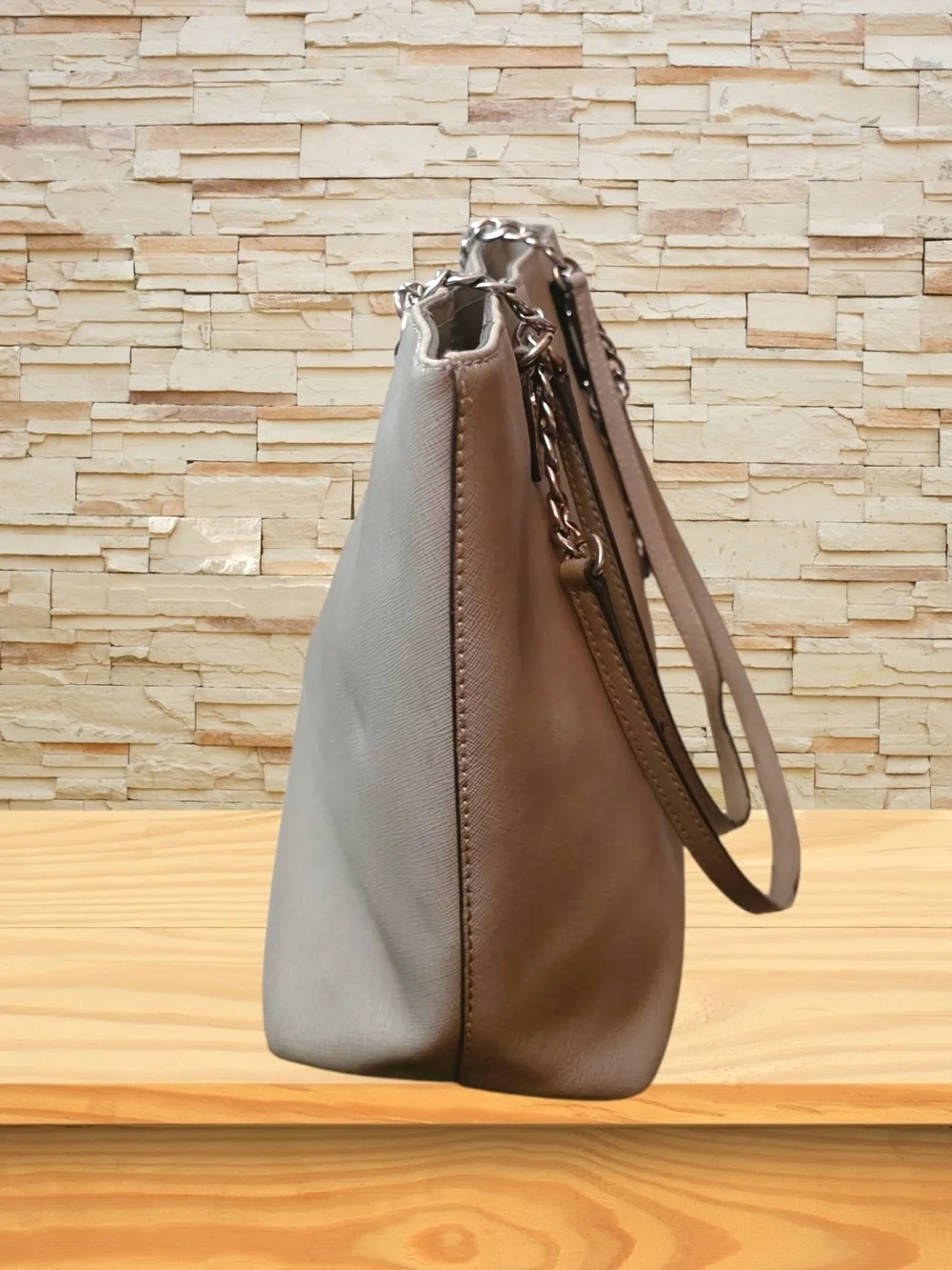 Michael Kors Large Saffiano Leather Beige Taupe Chain Tote Gold Accents